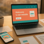 Modern workspace showing website design process with laptop displaying brand elements - color swatches, typography samples and logo sketches on wooden desk