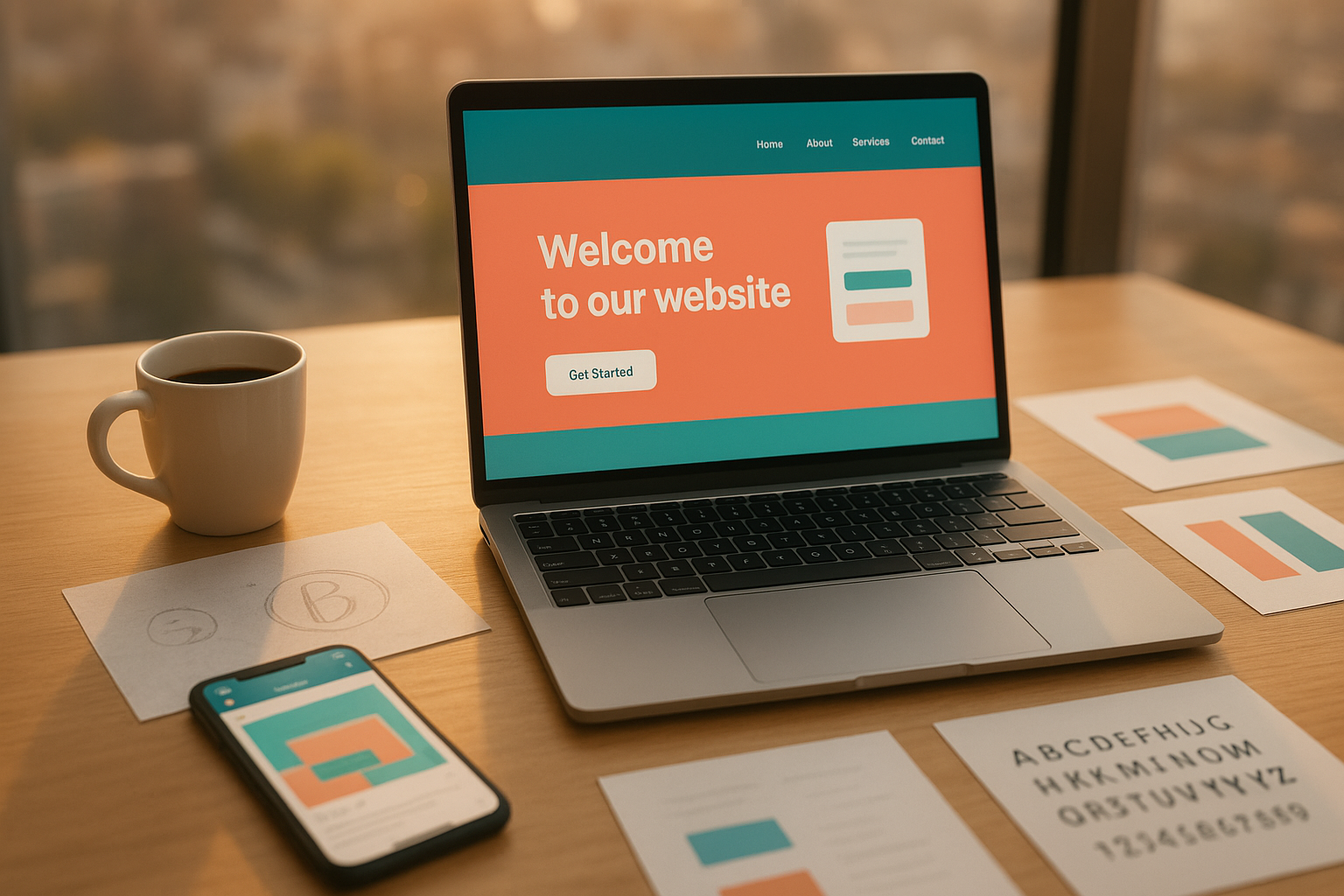 Modern workspace showing website design process with laptop displaying brand elements - color swatches, typography samples and logo sketches on wooden desk